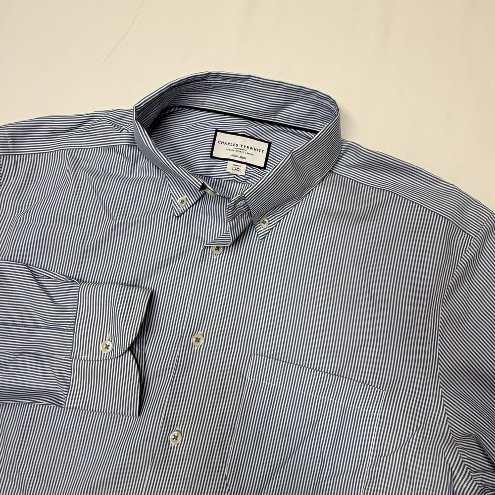 Charles Tyrwhitt Shirt Mens 17-36 Blue Striped Slim Fit Dress Non-Iron Pocket